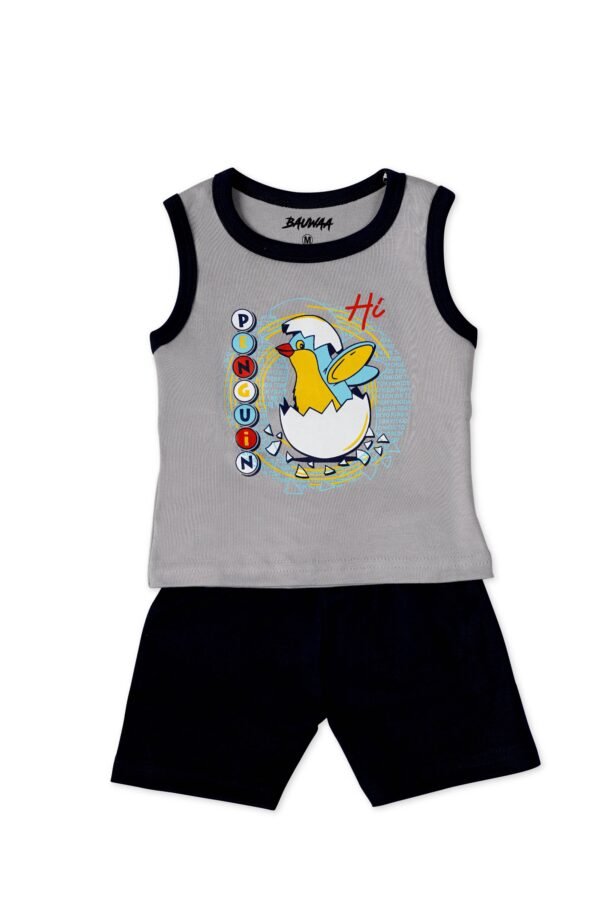 BAUWAA Baby Boys’ Sleeveless Cotton Shorts Set – Penguin Print (Available in 5 Colors)