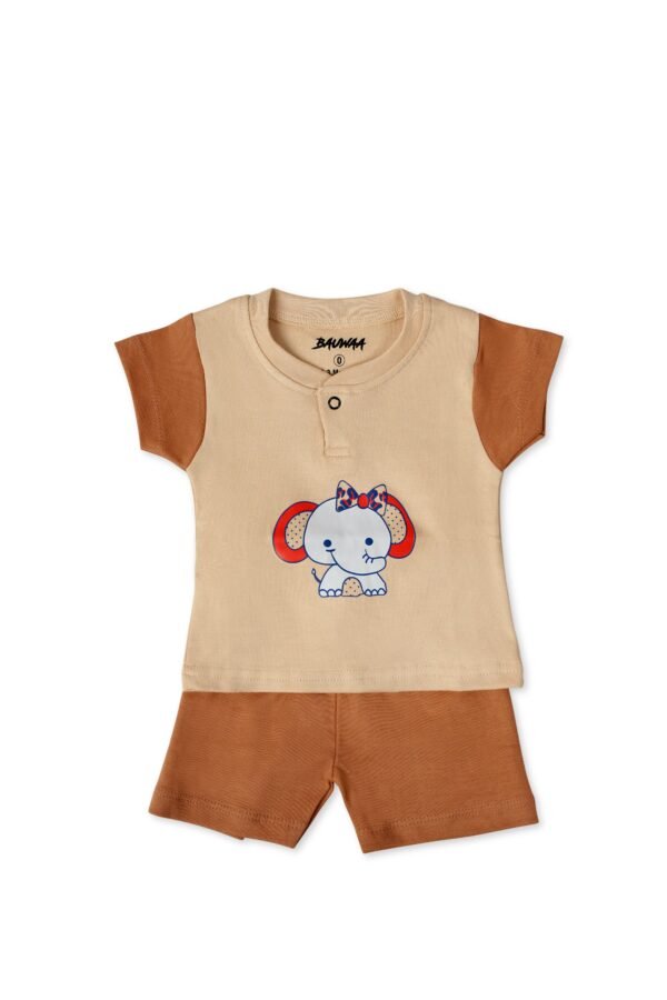 BAUWAA Baby Boys & Girls Cotton Co-ord Shorts Set – Elephant Print (0–3 Months, 5 Colors)
