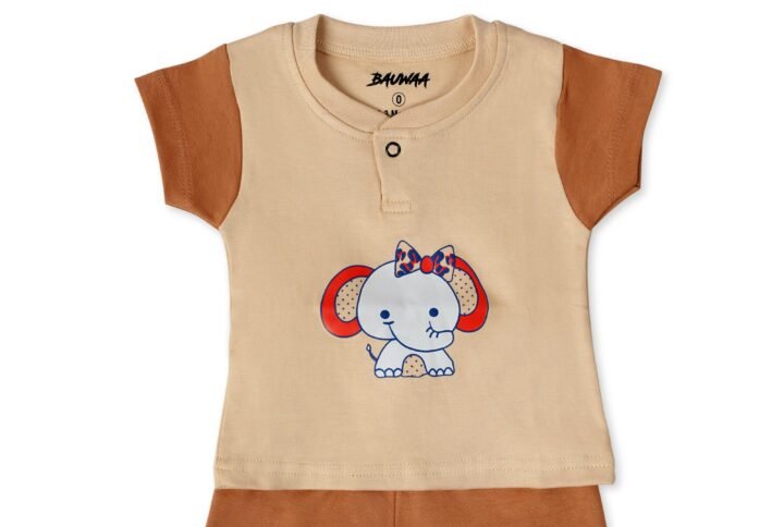 BAUWAA Baby Boys & Girls Cotton Co-ord Shorts Set – Elephant Print (0–3 Months, 5 Colors)