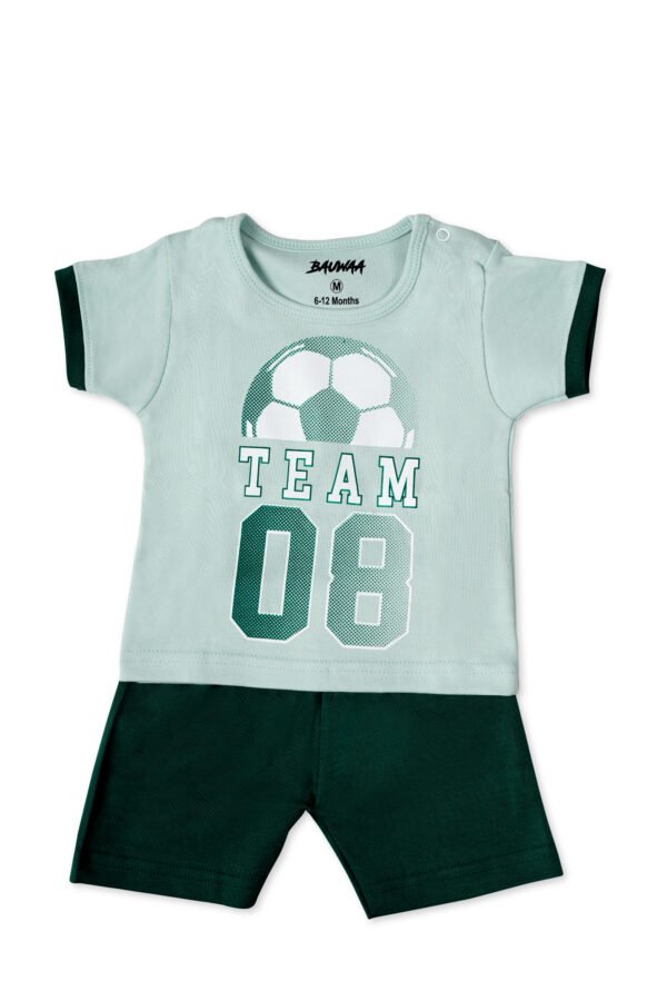 BAUWAA Baby Boys Cotton Shorts Set – Team 08 Soccer Print (0–24 Months, 5 Colors)