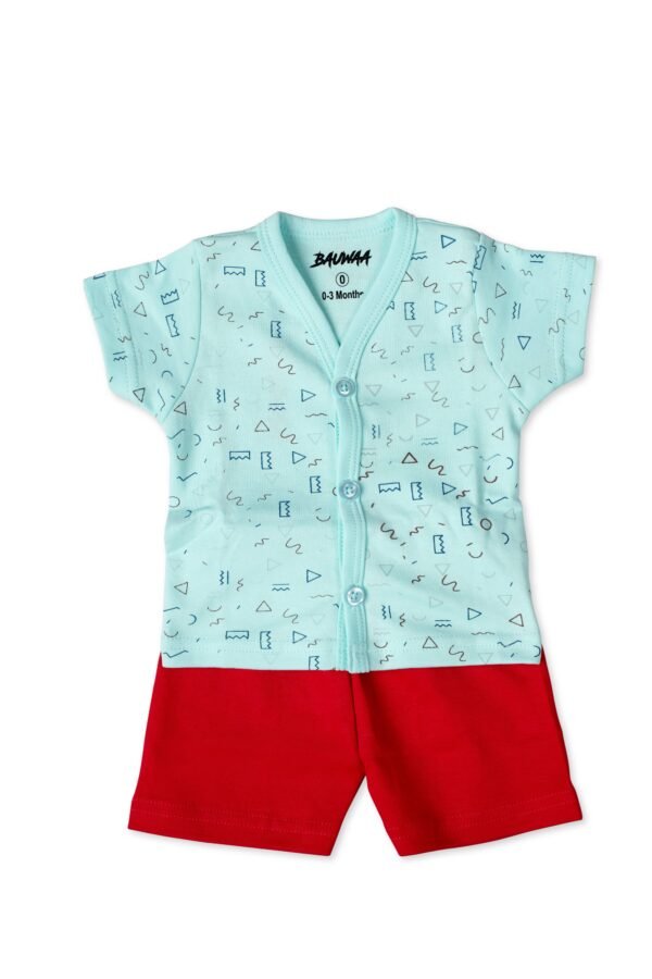 BAUWAA Baby Boys Cotton Button-Down Co-ord Set – Geometric Print (0–3 Months, 5 Colors)